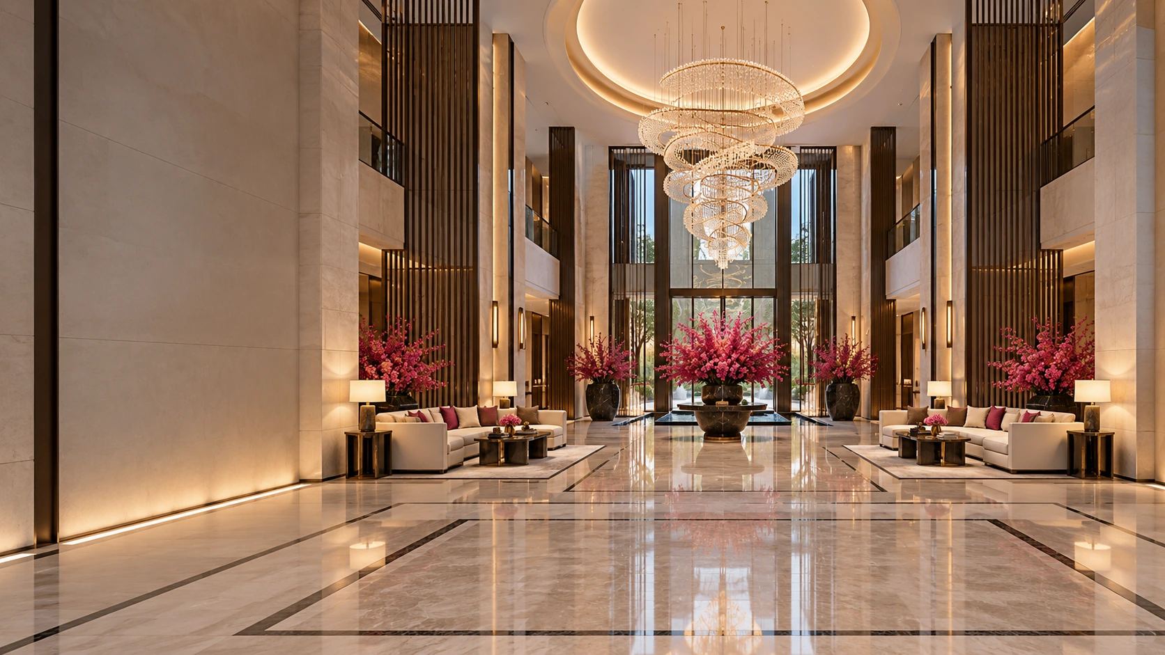 A symmetrical luxury hotel lobby with a sculptural chandelier, marble floors and pink floral accents