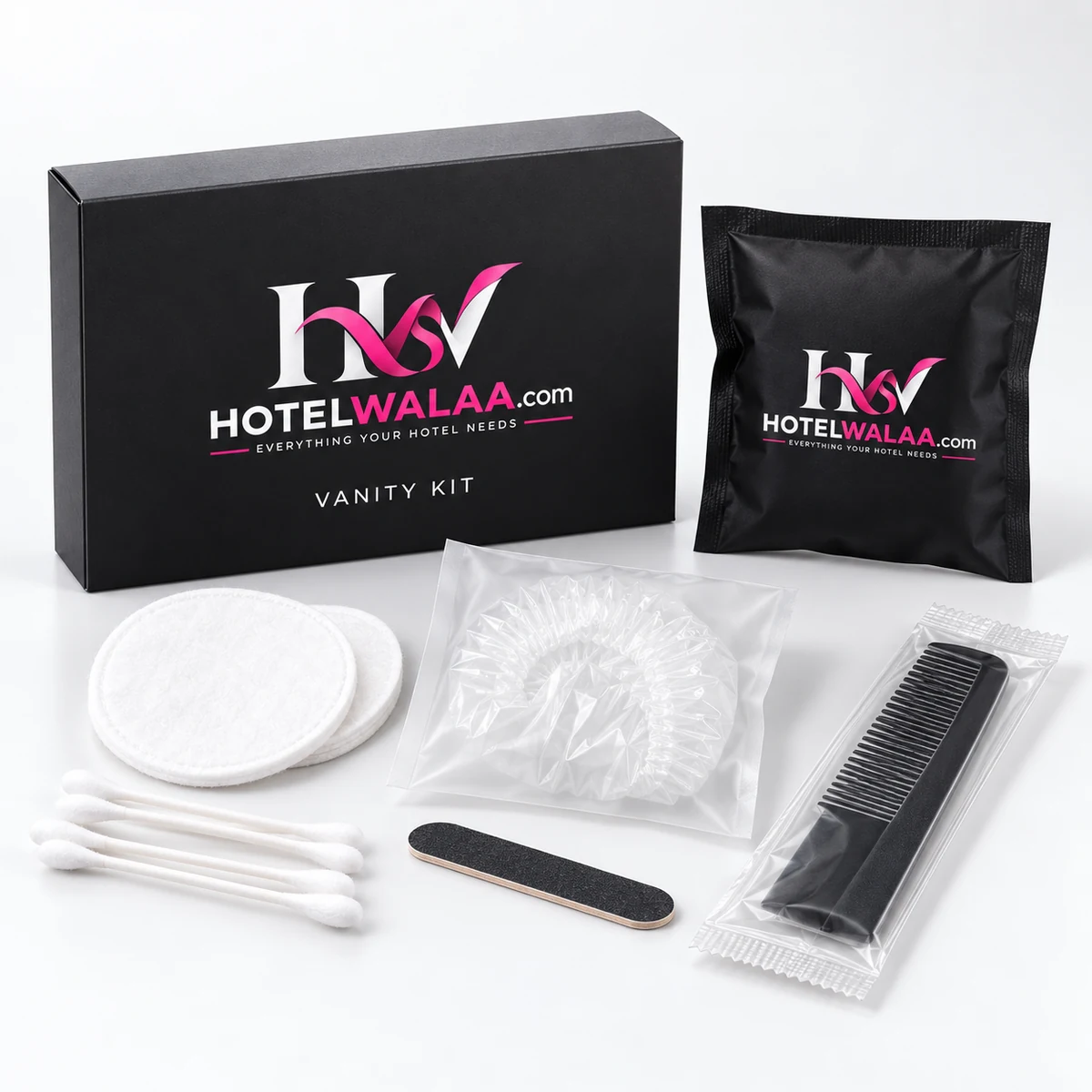 Illustrative Hotelwalaa-branded mockup of Vanity & guest kits